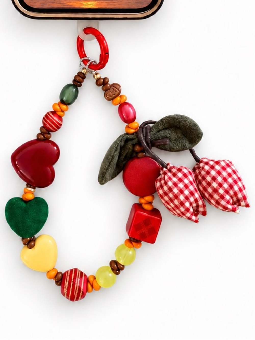 Red & Cream Gingham Floral Tulip Green Heart Argyle Bead Bag Charm Phone Chain